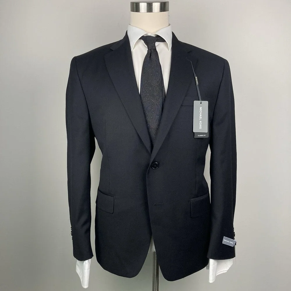Michael Kors Mens Classic-fit Suit Jacket Blazer 42S‎ Black Solid Stretch E06827